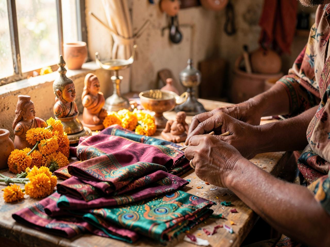 An Indian artisan finishing clay figurines beside folded silk at a sunlit workbench